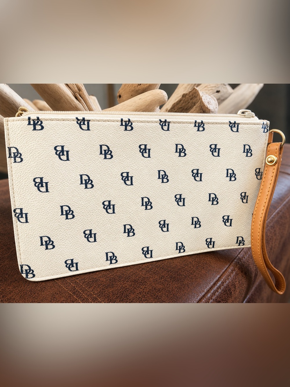 Dooney & Bourke Signature Monogram Wristlet Clutch – Cream/White & Navy